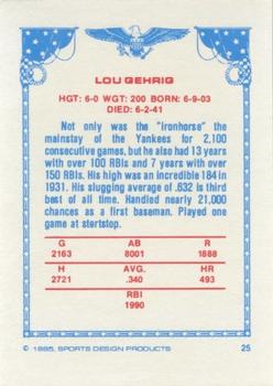 1984-85 Sports Design Products #25 Lou Gehrig Back