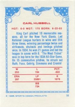1984-85 Sports Design Products #32 Carl Hubbell Back
