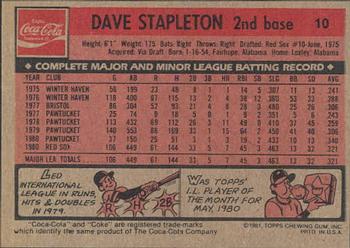 1981 Topps Coca-Cola Boston Red Sox #10 Dave Stapleton  Back
