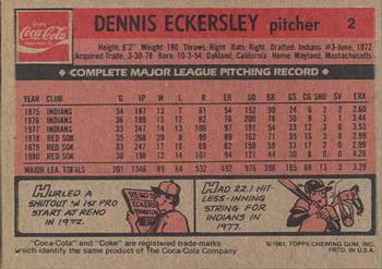 1981 Topps Coca-Cola Boston Red Sox #2 Dennis Eckersley  Back