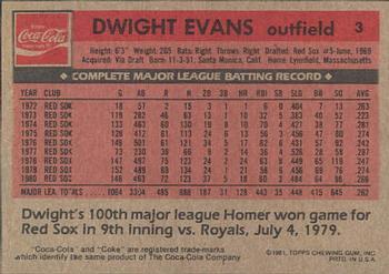 1981 Topps Coca-Cola Boston Red Sox #3 Dwight Evans  Back