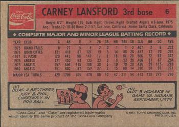 1981 Topps Coca-Cola Boston Red Sox #6 Carney Lansford  Back
