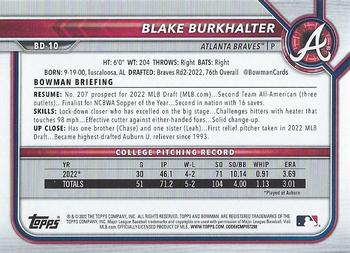 2022 Bowman Draft #BD-10 Blake Burkhalter Back