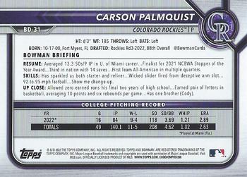 2022 Bowman Draft #BD-31 Carson Palmquist Back