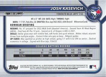 2022 Bowman Draft #BD-45 Josh Kasevich Back