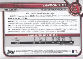 2022 Bowman Draft #BD-72 Landon Sims Back