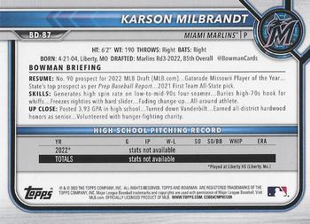 2022 Bowman Draft #BD-87 Karson Milbrandt Back