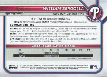 2022 Bowman Draft #BD-88 William Bergolla Back