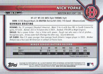2022 Bowman Draft #BD-94 Nick Yorke Back