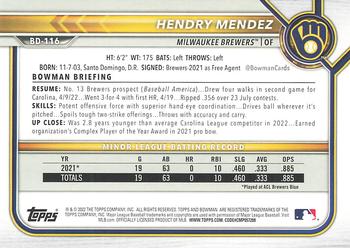 2022 Bowman Draft #BD-116 Hendry Mendez Back