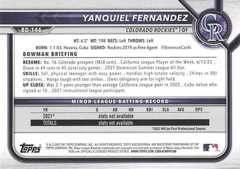 2022 Bowman Draft #BD-146 Yanquiel Fernandez Back