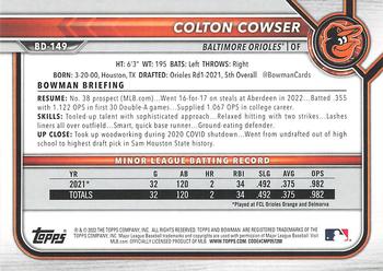 2022 Bowman Draft #BD-149 Colton Cowser Back