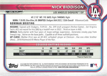 2022 Bowman Draft #BD-165 Nick Biddison Back