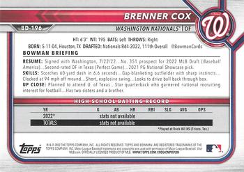 2022 Bowman Draft #BD-196 Brenner Cox Back