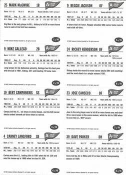 1992 Oakland Athletics Baseball Co. A's Dream Team - Sheets #1 / 2 / 3 / 4 / 5 / 6 / 7 / 8 Mark McGwire / Mike Gallego / Bert Campaneris / Carney Lansford / Reggie Jackson / Rickey Henderson / Jose Canseco / 	Dave Parker Back