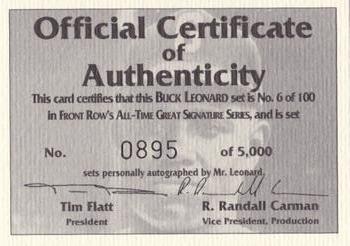 1992 Front Row All-Time Greats Buck Leonard - Signature Series #NNO Certificate of Authenticity Front
