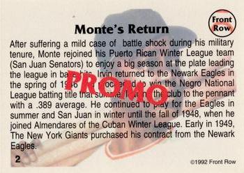 1992 Front Row All-Time Greats Monte Irvin - Promos #2 Monte Irvin Back