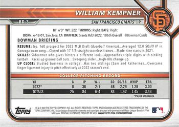 2022 Bowman Draft 1st Edition #BD-3 William Kempner Back