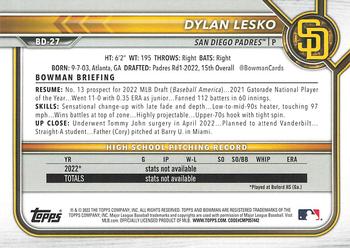 2022 Bowman Draft 1st Edition #BD-27 Dylan Lesko Back