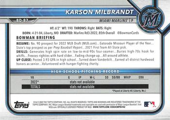 2022 Bowman Draft 1st Edition #BD-87 Karson Milbrandt Back
