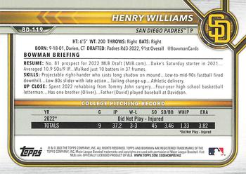 2022 Bowman Draft 1st Edition #BD-119 Henry Williams Back