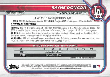 2022 Bowman Draft 1st Edition #BD-188 Rayne Doncon Back