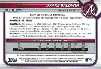 2022 Bowman Draft - Chrome Draft Pick Autographs #CDA-DBN Drake Baldwin Back