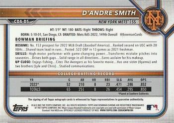 2022 Bowman Draft - Chrome Draft Pick Autographs #CDA-DS D'Andre Smith Back