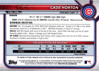 2022 Bowman Draft - Chrome Draft Pick Autographs Refractor #CDA-CHN Cade Horton Back
