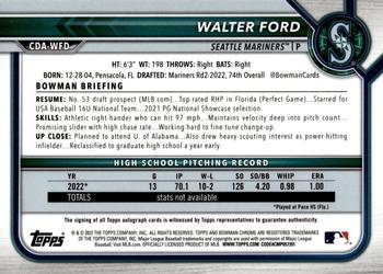 2022 Bowman Draft - Chrome Draft Pick Autographs Aqua Lava #CDA-WFD Walter Ford Back