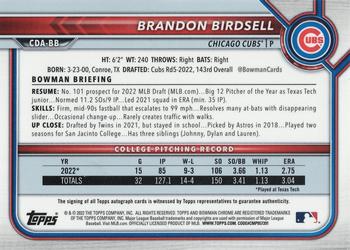 2022 Bowman Draft - Chrome Draft Pick Autographs Black #CDA-BB Brandon Birdsell Back