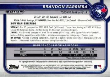 2022 Bowman Draft - Chrome Draft Pick Autographs Black #CDA-BBA Brandon Barriera Back