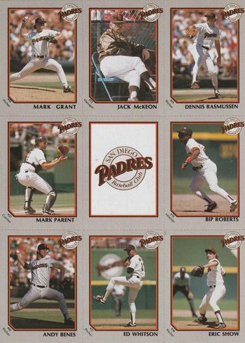 1990 Coca-Cola San Diego Padres - 9-Card Perforated Sheet #NNO Mark Grant / Jack McKeon / Dennis Rasmussen / Mark Parent / San Diego Padres Logo / Bip Roberts / Andy Benes / Ed Whitson / Eric Show Front