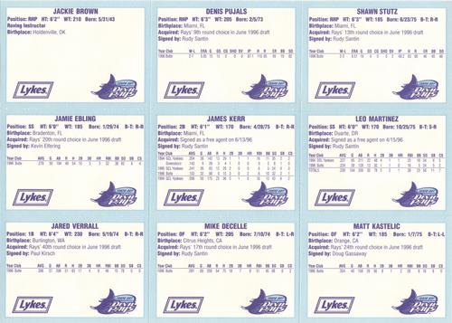 1996 Tampa Bay Devil Rays A Team is Born - Panels #NNO Jackie Brown / Jamie Ebling / Jared Verrall / Denis Pujals / James Kerr / Mike DeCelle / Shawn Stutz / Leo Martinez / Matt Kastelic Back