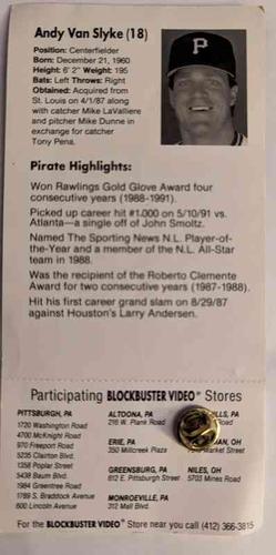 1992 Blockbuster Pittsburgh Pirates Pin Cards #NNO Andy Van Slyke Back