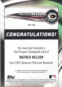 2022 Bowman Platinum - Top Prospect Autograph #TOP-100 Matheu Nelson Back