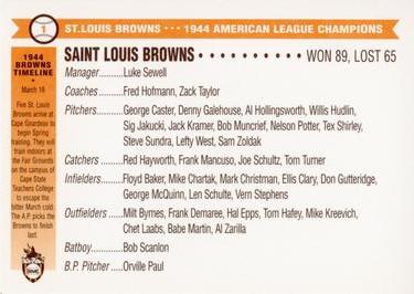 1996 St. Louis Browns Historical Society #1 St. Louis Browns Baseball Club Back