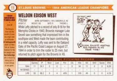 1996 St. Louis Browns Historical Society #15 Lefty West Back