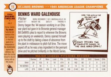 1996 St. Louis Browns Historical Society #16 Denny Galehouse Back