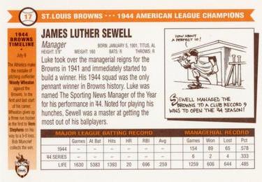 1996 St. Louis Browns Historical Society #17 Luke Sewell Back