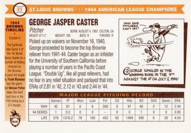 1996 St. Louis Browns Historical Society #31 George Caster Back