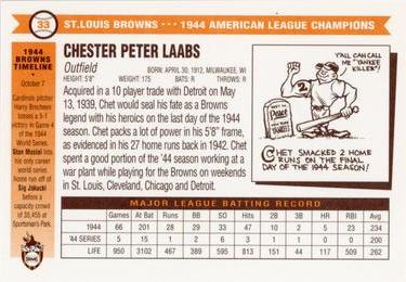 1996 St. Louis Browns Historical Society #33 Chet Laabs Back