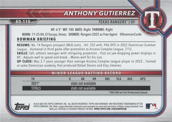 2022 Bowman Draft - Aqua #BD-110 Anthony Gutierrez Back