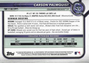 2022 Bowman Draft - Chrome #BDC-31 Carson Palmquist Back