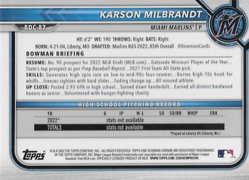 2022 Bowman Draft - Chrome #BDC-87 Karson Milbrandt Back