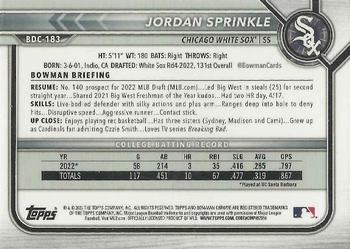 2022 Bowman Draft - Chrome #BDC-183 Jordan Sprinkle Back