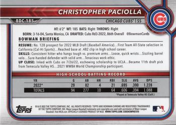 2022 Bowman Draft - Chrome #BDC-185 Christopher Paciolla Back