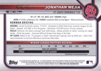 2022 Bowman Draft - Chrome #BDC-186 Jonathan Mejia Back