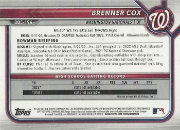 2022 Bowman Draft - Chrome #BDC-196 Brenner Cox Back