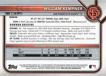 2022 Bowman Draft - Chrome Refractor #BDC-3 William Kempner Back